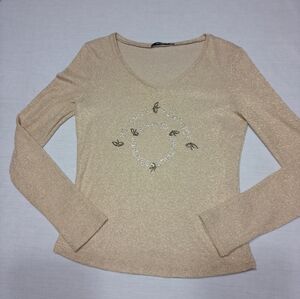 Beatrice b Italia Gold Sparkle Stretch V Neck Sweater With Rhinestones